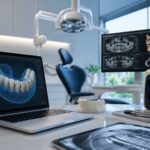 Modern dental technology in a contemporary dental office featuring digital imaging, 3D printing, and advanced treatment tools.