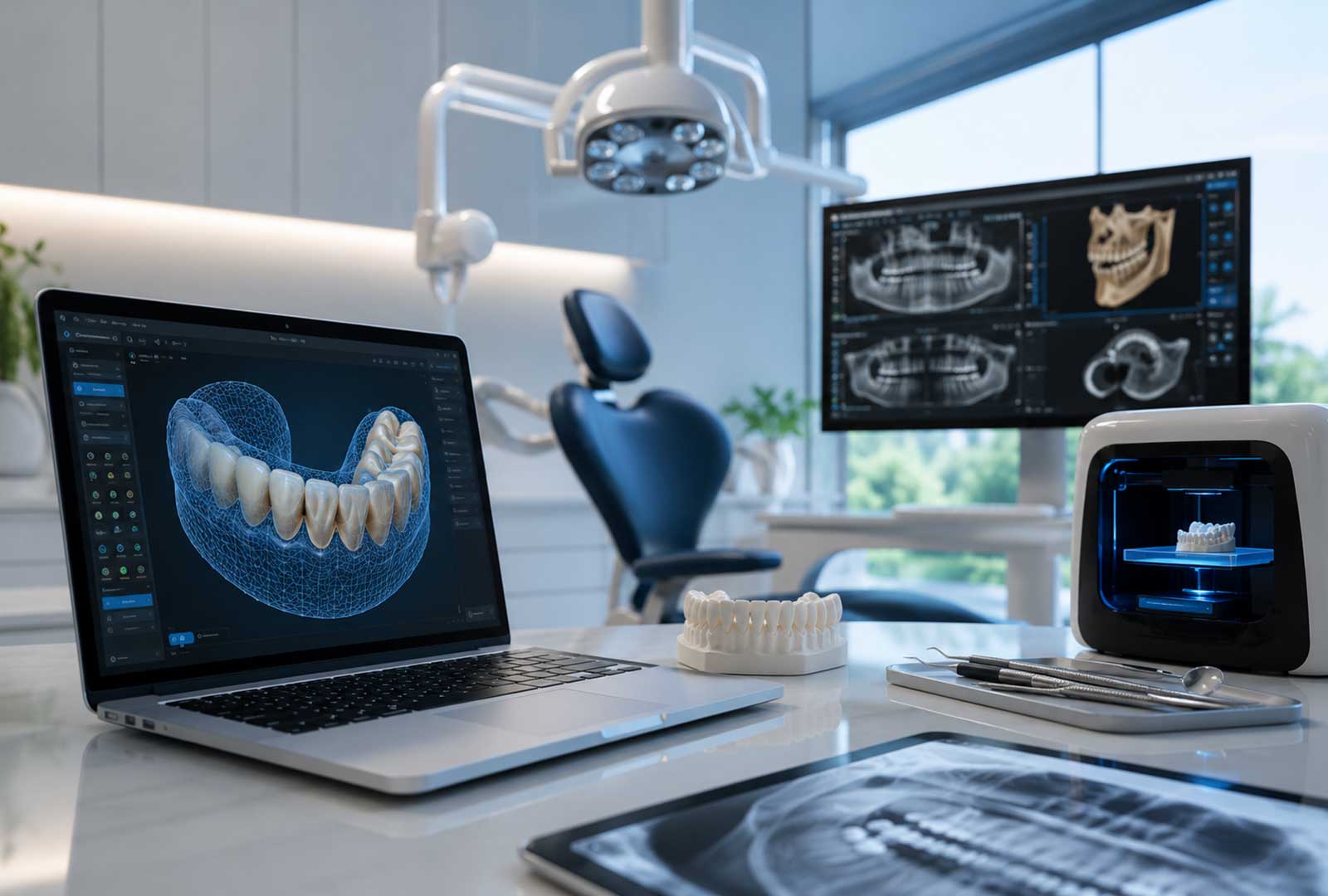 Modern dental technology in a contemporary dental office featuring digital imaging, 3D printing, and advanced treatment tools.