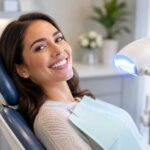 Patient receiving Zoom whitening treatment in a modern dental office at Como Dental Design in New Rochelle.