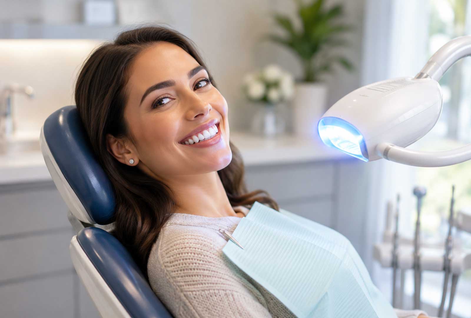 Patient receiving Zoom whitening treatment in a modern dental office at Como Dental Design in New Rochelle.