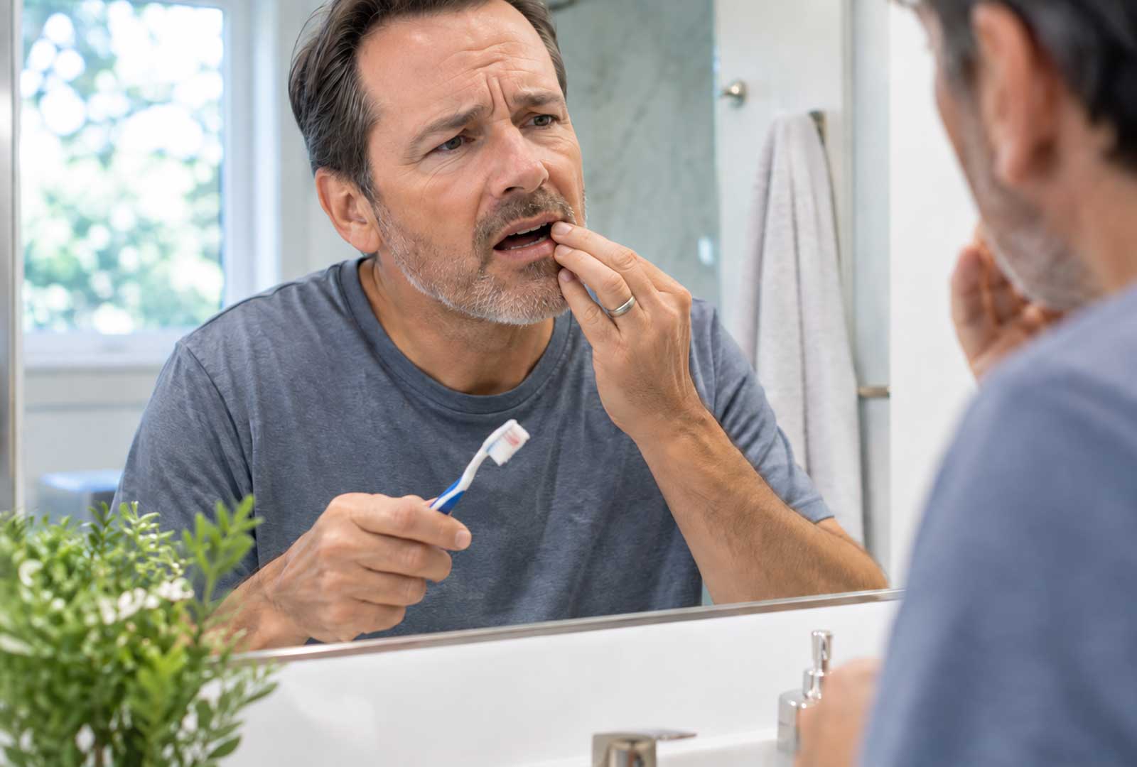 Man checking his gums in the mirror after noticing slight bleeding while brushing.